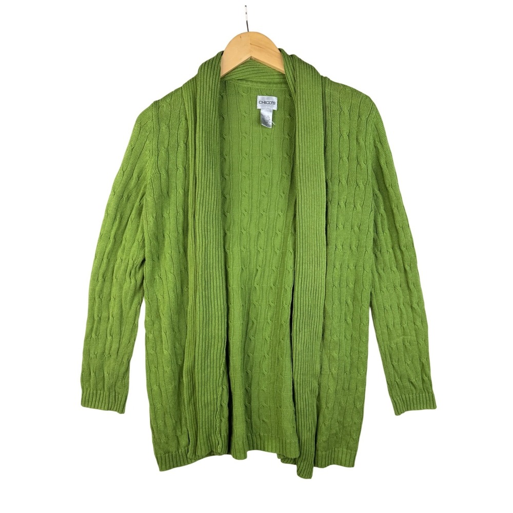Chico's Women's Cable Knit Open Front Cardigan Green Size 1 Linen Blend M
